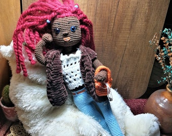 African American doll, Handmade amigurumi, Dark Skin Doll, Crochet doll finished, Black Doll with Red Hair, Cloth doll with accessories