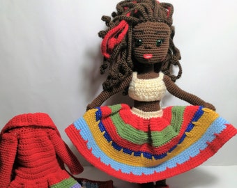 Afro American Doll, Amigurumi, Bohemian Red Hair, Amigurumi Doll with Colorful Dress, Ethnic Pattern, African, Black Doll, Dark skin doll