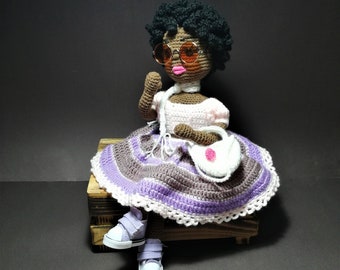 Afro American Doll, Amigurumi Doll with accessory, Dark skin doll, Crochet Black doll, Handmade cloth doll, Knitting doll, Princess doll
