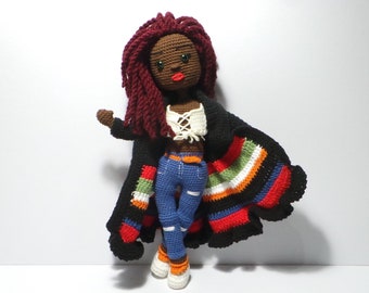 Afro American Doll,  Amigurumi Doll with Colorful jacket, Ethnic Pattern, African, Black Doll, Dark skin doll, Bohemian Red Hair, Rag doll