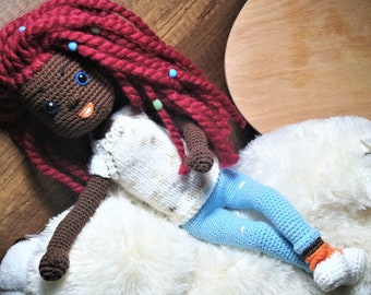 African American Doll with Red Hair, Amigurumi, Rasta Hair, Sport Style, Blue Jeans Amigurumi Doll, Black doll, Finished Product