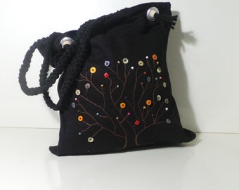 Handmade, Black Bag, Buttoned Ends, Needle Lace Tree Ornament, Cloth Bag, Gabardine Bag, Fabric Shoulder Bag for Your Loved ones