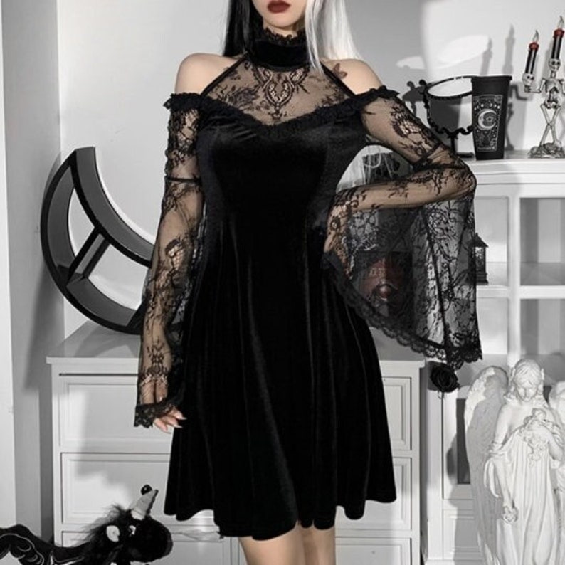 Sexy Gothic Black Lace Dress, Y2K Sexy Black Skater Dress, Cute Mini Velvet Dress With Lace Sleeves, Sexy A-Line Skater Dresses for women 