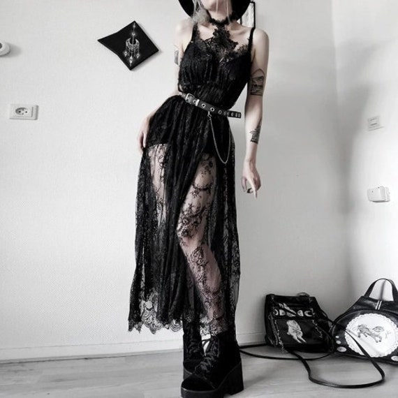 Sexy Long Maxi Black Halter Neck Harajuku Dress, Gothic Long See Through Maxi Dress, Sexy Black Lolita Lace Dress, Black Lace Maxi Dress