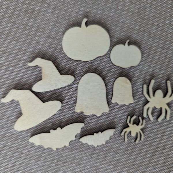 Blank Halloween Shapes Wooden Craft / pack of 20 / Embellishments / wall decor / sign making / pumpkins, witches hat, ghost, spiders, bats