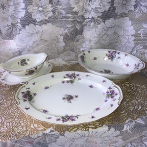 Spring Violets Serving Platters, Set of 3, Platter, Bowl and Gravy Boat (small flaw), Floral Design, Housewarming Gift, Gift for Mom