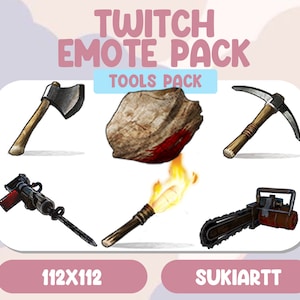 Puede incluir: Un conjunto de seis emotes de Twitch que representan herramientas, incluyendo un hacha, un pico, una roca, un taladro, una antorcha y una motosierra. Los emotes están diseñados en un estilo de dibujos animados y tienen un tamaño de 112x112 píxeles. Los emotes son creados por Sukiartt.