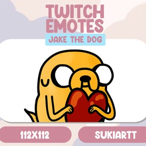 May include: A yellow cartoon dog with big eyes holding a red heart. The dog is smiling and has a happy expression. The text "TWITCH EMOTES JAKE THE DOG" is above the dog.