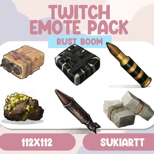 Puede incluir: Un conjunto de emotes de Twitch que representan varios objetos del videojuego Rust. Los emotes incluyen un lanzacohetes, una pila de explosivos C4, una pila de explosivos de alto poder, una pila de vendas, una bala y una roca con cristales amarillos. Los emotes están diseñados en un estilo de dibujos animados y son perfectos para usar en Twitch.