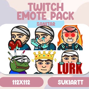 Könnte beinhalten: Ein Set Twitch-Emotes mit verschiedenen Charakteren und unterschiedlichen Gesichtsausdrücken. Die Emotes sind im Cartoon-Stil gestaltet und beinhalten Charaktere mit Bandagen, einer Krone und einem Frosch. Der Text "Twitch Emote Pack" und "Sanitar" ist auf dem Bild zu sehen. Der Text "112x112" und "Sukiaart" ist ebenfalls auf dem Bild zu sehen.