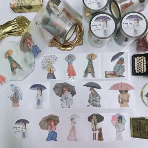 Cinta PET de día lluvioso de Piscoletters/ Ilustraciones de niñas para planificador/ Pegatinas de chicas de moda/ Diario basura/Planificador/Suministros de álbumes de recortes