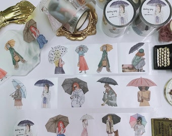 Rainy Day PET tape by Piscoletters/ Girl Illustrations for Planner/ Fashion Girls Stickers/ Junk Journal/Planner/Scrapbook Supplies