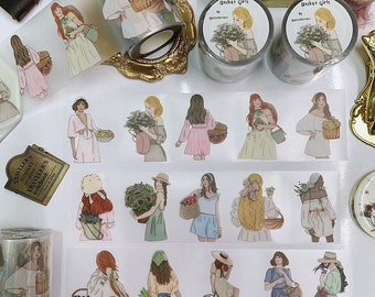 Basket Girls PET tape by Piscoletters/ Girl Illustrations for Planner/ Fashion Girls Stickers/ Junk Journal/Planner/Scrapbook Supplies