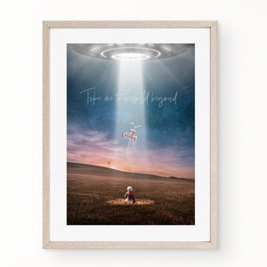 Ufo printable wall art, take me to a world beyond, outer space poster, flying saucer in landscape, printable high resolution files
