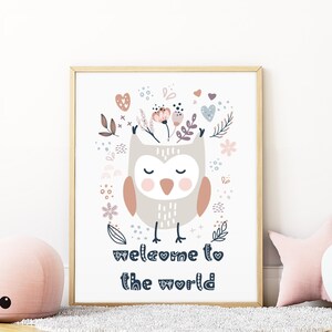 Nursery boho owl wall art with a quote, &#39;welcome to the world&#39;, baby kids room wall decor, printable high resolution files