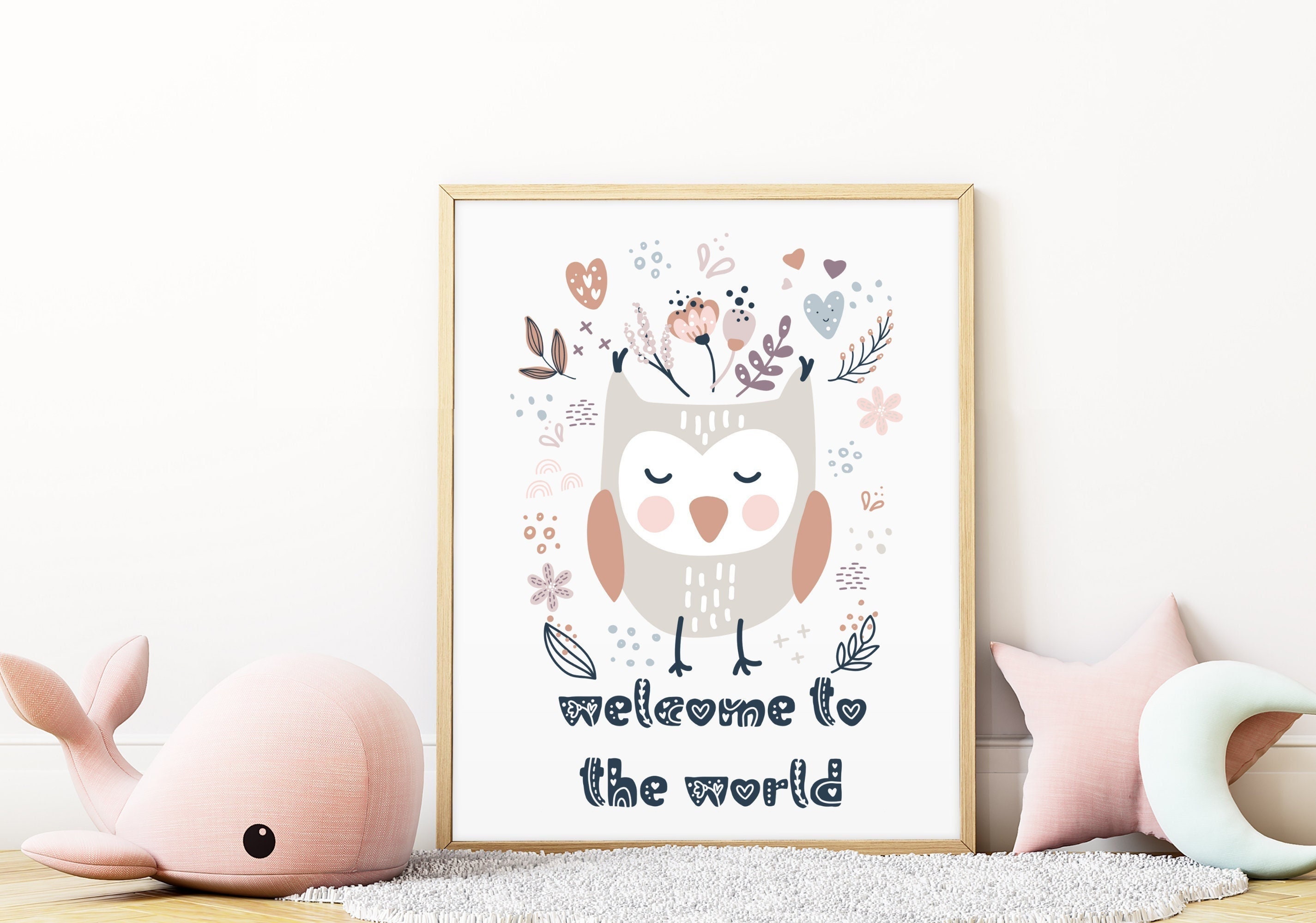 Nursery boho owl wall art with a quote, 'welcome to the world', baby kids room wall decor, p