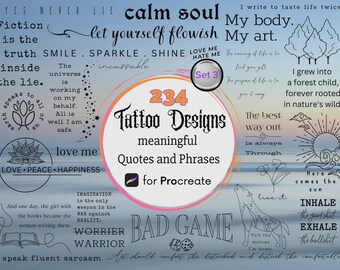 Op de afbeelding: Een set van 234 tattoo-ontwerpen met betekenisvolle citaten en zinnen. De ontwerpen zijn in zwart-wit en omvatten een verscheidenheid aan stijlen, zoals bloemen, geometrisch en schrift. De ontwerpen zijn perfect voor iedereen die op zoek is naar een unieke en betekenisvolle tatoeage.