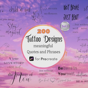 Könnte beinhalten: Ein rosa und lilafarbener Himmel mit weißen Wolken. Das Bild zeigt 200 Tattoo-Designs, aussagekräftige Zitate und Phrasen für Procreate. Einige der Zitate beinhalten "Kind Gottes", "magisch bleiben", "eine wahre Liebesgeschichte endet nie", "die Kraft der Liebe", "ohne Reue leben", "glaub an dich", "sei ein guter Mensch", "nicht kaputt, nur verbogen", "wenn du stolperst, mach es zum Teil des Tanzes", "das Universum ist nicht außerhalb von dir, schau in dich hinein, alles, was du willst, bist du bereits".