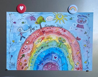 gedrucktes Kunstwerk | farbenfroher Regenbogen "Happy Day" für gute Laune | Achtsamkeitsbild | Glücksbild | Glückstraining | Glücksanker