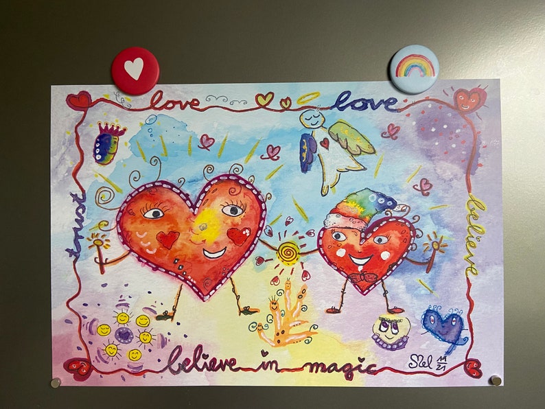 Aquarell Kunstdruck Mutter & Kind Herzbeziehung Achtsamkeitsbild believe in magic trust love Verbundenheit 30 x 20 cm DIN A4 Bild 2