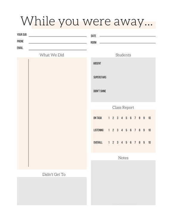 Neutrals Substitute Report, Substitute Teacher, Class Report Card