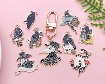 Black Enamel Raven Charms with Moon & Purple Flower: Halloween Jewelry - 5pcs