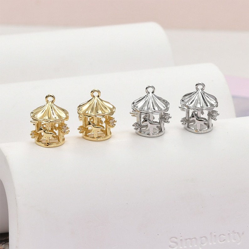 2 colgantes de carrusel de oro de 14 k, abalorios de caja de música, accesorios de joyería para hacer tú mismo, accesorios para pulseras, collares y pendientes, artesanía hecha a mano imagen 3