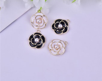 5/10 piezas de dijes de flor de camelia perlada, colgante de aleación simple, accesorios de joyería DIY, hallazgos para pulseras, collares y pendientes, suministros para manualidades