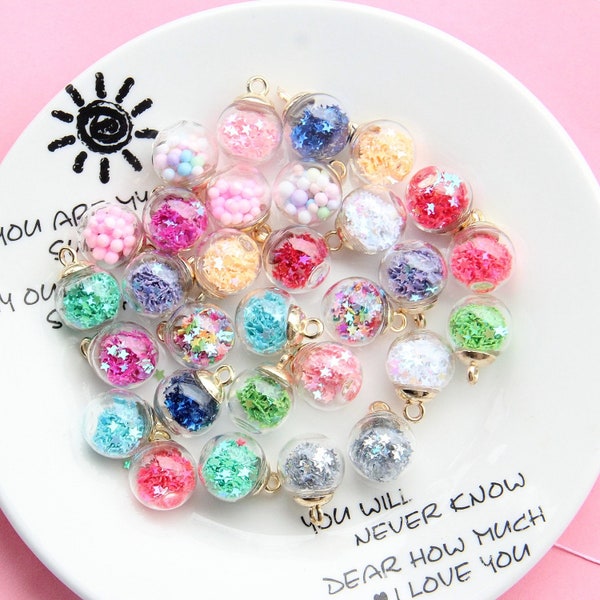 5Pcs/10Pcs Star Glass ball charm, resin pentagram sand flow glitter pendant, hanging decoration, DIY bracelet bead earring accessory