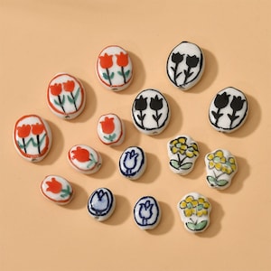 5Pcs Hand-Painted Flower Beads, Tulip Ceramic Charms Pendant, Diy Handmade String Pearl, For Jewelry Making DIY Bracelet Crafts Findings