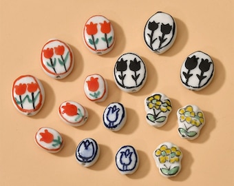 5Pcs Hand-Painted Flower Beads, Tulip Ceramic Charms Pendant, Diy Handmade String Pearl, For Jewelry Making DIY Bracelet Crafts Findings