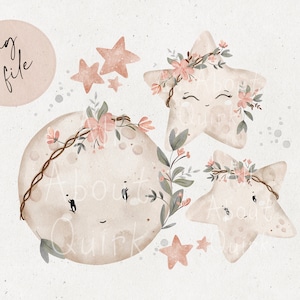 Leuke Boho sterren en maan PNG clipart bundel, maan en sterren met bloemen kronen clipart, Boho hemelse meisje clipart, commercieel gebruik clipart