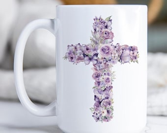 Jesus Coffee Mug, Christian Coffee Mug for Women, Purple Floral Mug, Pretty Coffee Mug, Christian Birthday Gift, Girly Coffee Mug, Cross Mug
