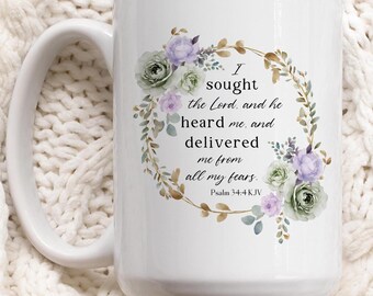 Bible Verse Coffee Cup, Psalm 34, Pretty Coffee Mug, Christian Birthday Gift, Girly Coffee Mug, Morning Affirmations Mug, KJV Bible Verse