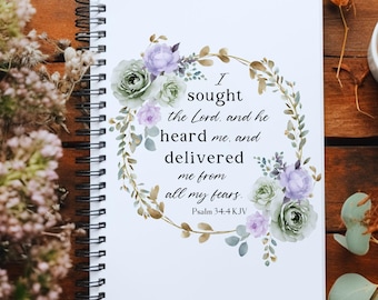 Bible Verse Notebook, Prayer Request Journal, Psalm 34, Daily Prayer Journal, Purple and Sage, Goals Notebook, Christian Spiral Notebook