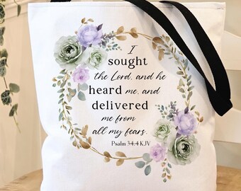 Floral Christian Tote Bag, Psalm 34, Trendy Canvas Tote Bag, Christian Book Bag, Bible Tote Bag, KJV Verse, Girly Christian Gift, Mom Gift