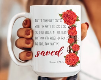 Religious Motivational Mug, Romans Bible Verse, Red Crown of Thorns, KJV Scripture, Jesus Coffee Mug, Christian Gift Ideas, Salvation