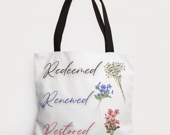 Christian Tote Bag For Women, Redeemed, Large Aesthetic Tote Bag, Floral Christian Tote Bag, Christian Teacher Tote Bag, Bible Tote Bag