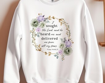 Scripture Sweatshirt, Psalm 34, Purple and Sage, Cute Jesus Sweatshirt, Bible Verse Sweatshirt, God Sweatshirt, Womens Religious Sweatshirt