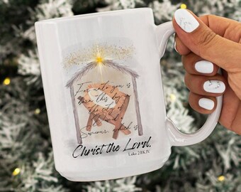 Christmas Coffee Mug, Nativity Scene, Hot Cocoa Mug, Manger Scene, A King is Born, Coffee Mug with Bible Verse, Christian Gift Ideas