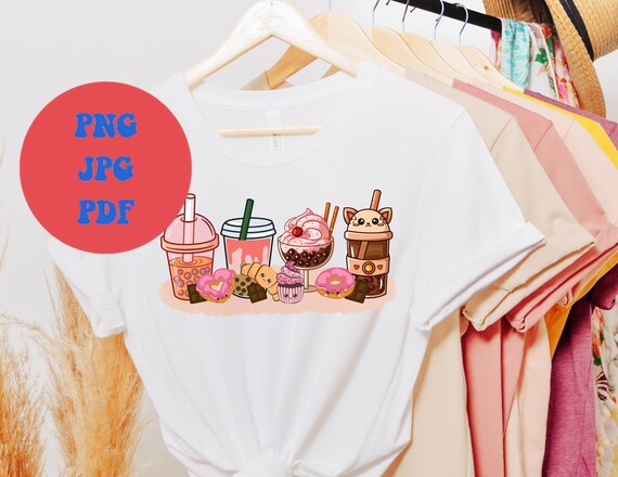 Png, Jpg, Pdf Kawaii Food & Boba Tea Sublimation Files + BONUS File Fun Digital Download for All Your Crafting needs! Create Tee's, Mugs.