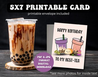 Carte imprimable mignonne et amusante pour vos Besties Boba Tea - Joyeux anniversaire à mon meilleur thé! Carte pliable 5x7. Téléchargement numérique. Imprimer Couper et plier.