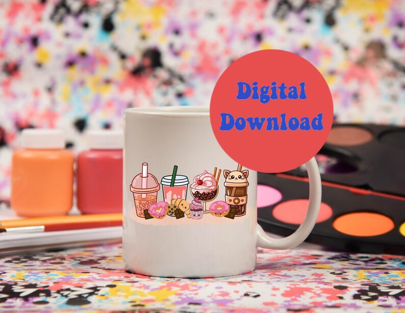 Peut inclure: Une tasse en c&eacute;ramique blanche avec une illustration color&eacute;e de bubble tea, de beignets et de cupcakes. La tasse a une anse et le texte "T&eacute;l&eacute;chargement num&eacute;rique" est sur un cercle rouge.