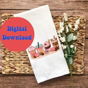 Peut inclure: Une serviette de cuisine blanche avec un filigrane de t&eacute;l&eacute;chargement num&eacute;rique. La serviette pr&eacute;sente une illustration color&eacute;e de divers desserts et boissons, dont un beignet, un cupcake, un milk-shake et un th&eacute; &agrave; la boba.
