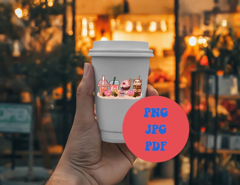Peut inclure: Un gobelet &agrave; emporter blanc avec un autocollant color&eacute; repr&eacute;sentant des images de dessins anim&eacute;s de diverses boissons et desserts. L'autocollant indique "PNG JPG PDF".