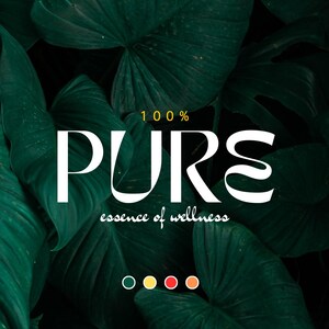 May include: A white logo with the text "100% PURE essence of wellness" on a dark green background with tropical leaves. The logo is surrounded by four colored dots: green, yellow, red, and orange.