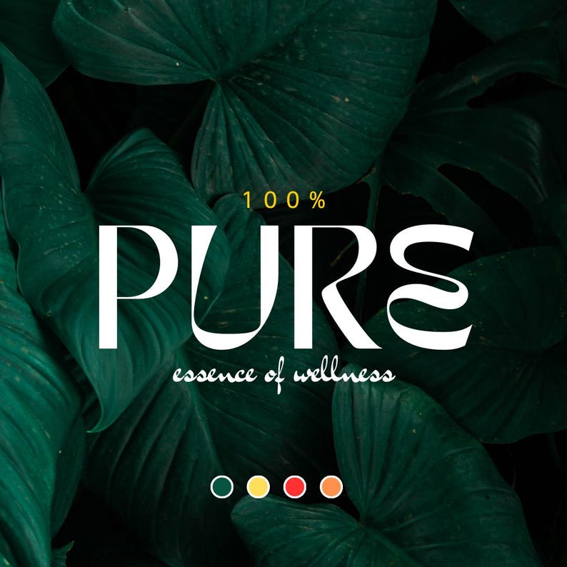 May include: A white logo with the text "100% PURE essence of wellness" on a dark green background with tropical leaves. The logo is surrounded by four colored dots: green, yellow, red, and orange.