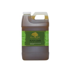 May include: A gallon jug of Liquid Gold Black Cumin Seed Oil, unrefined. The label is green with a gold tree and text. The oil is a dark amber color.