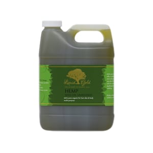 May include: A large green plastic jug with a white lid and a green label. The label says "Liquid Gold" and "Hemp Seed Oil Unrefined". The label also says "100% pure organic for hair skin & body multi purpose".