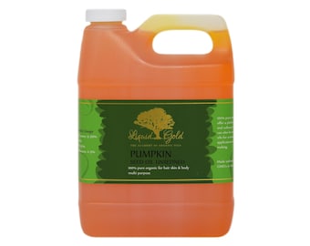 May include: A gallon jug of Liquid Gold Pumpkin Seed Oil Unrefined. The jug is orange and has a green label with a gold tree logo. The label reads "Liquid Gold, The Academy of Organic Oils, Pumpkin Seed Oil Unrefined, 100% pure organic for hair skin & body multi purpose".